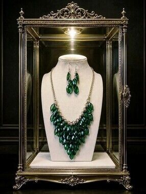 Faceted Transparent Green Acrylic Statement Necklace and Earrings Gold Tone NWOT